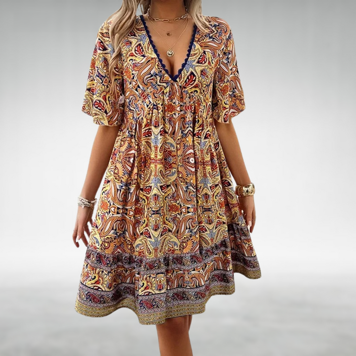 Ottilia | Damen Boho V-Ausschnitt Minikleid - Green - Image 4