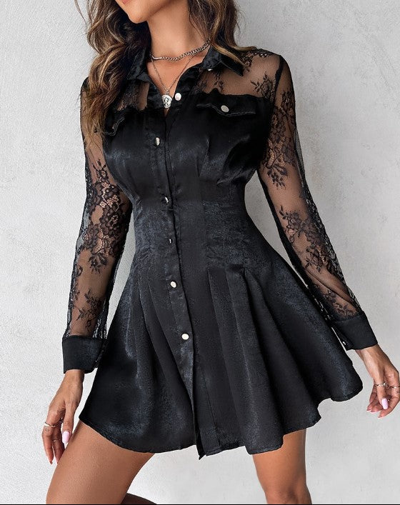 Ottilie | Damen Langarm Spitzenkleid Schwarz - Black - Image 3