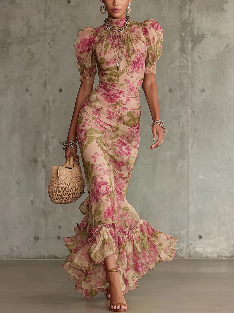 Penelope | Damen Blumen Puffärmel Maxikleid - Floral - Image 1
