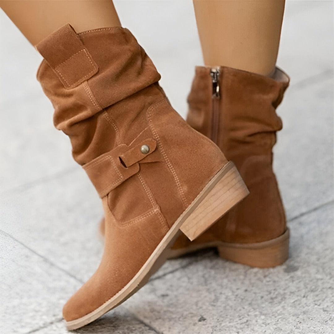 Mia | Damen Wildleder Stiefel Flacher Absatz Schlupfstiefel Herbst