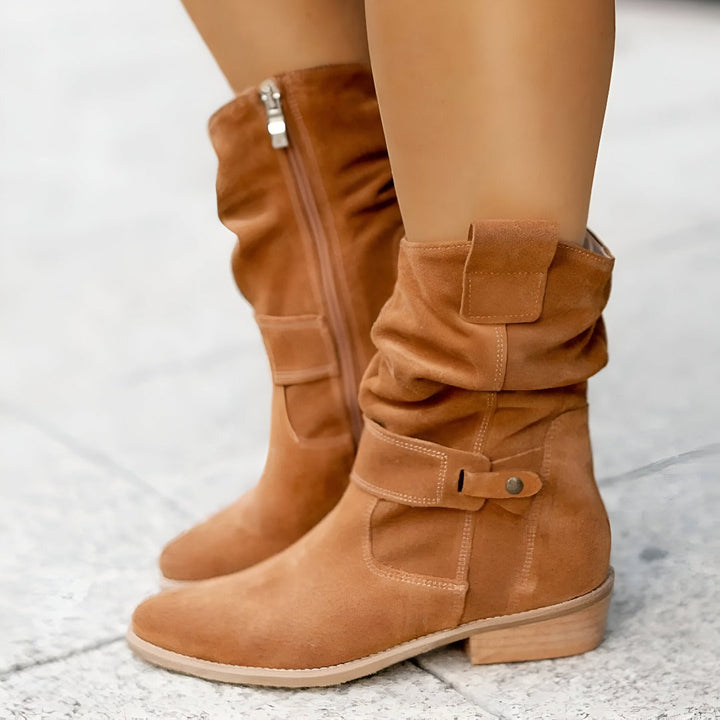 Mia | Damen Wildleder Stiefel Flacher Absatz Schlupfstiefel Herbst
