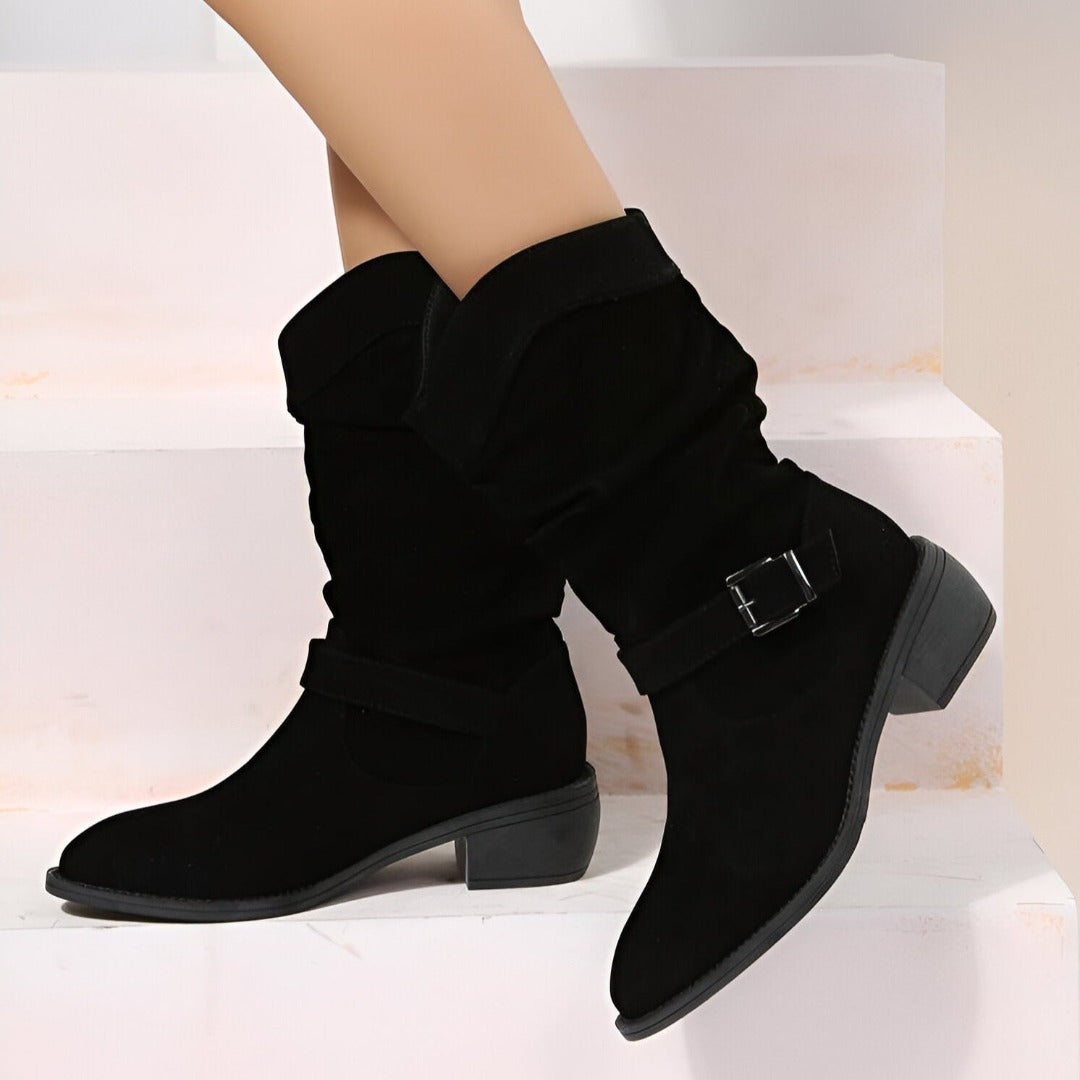 Mia | Damen Wildleder Stiefel Flacher Absatz Schlupfstiefel Herbst