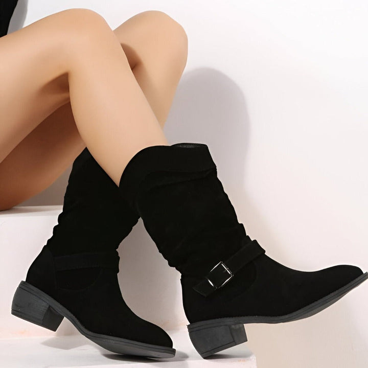 Mia | Damen Wildleder Stiefel Flacher Absatz Schlupfstiefel Herbst