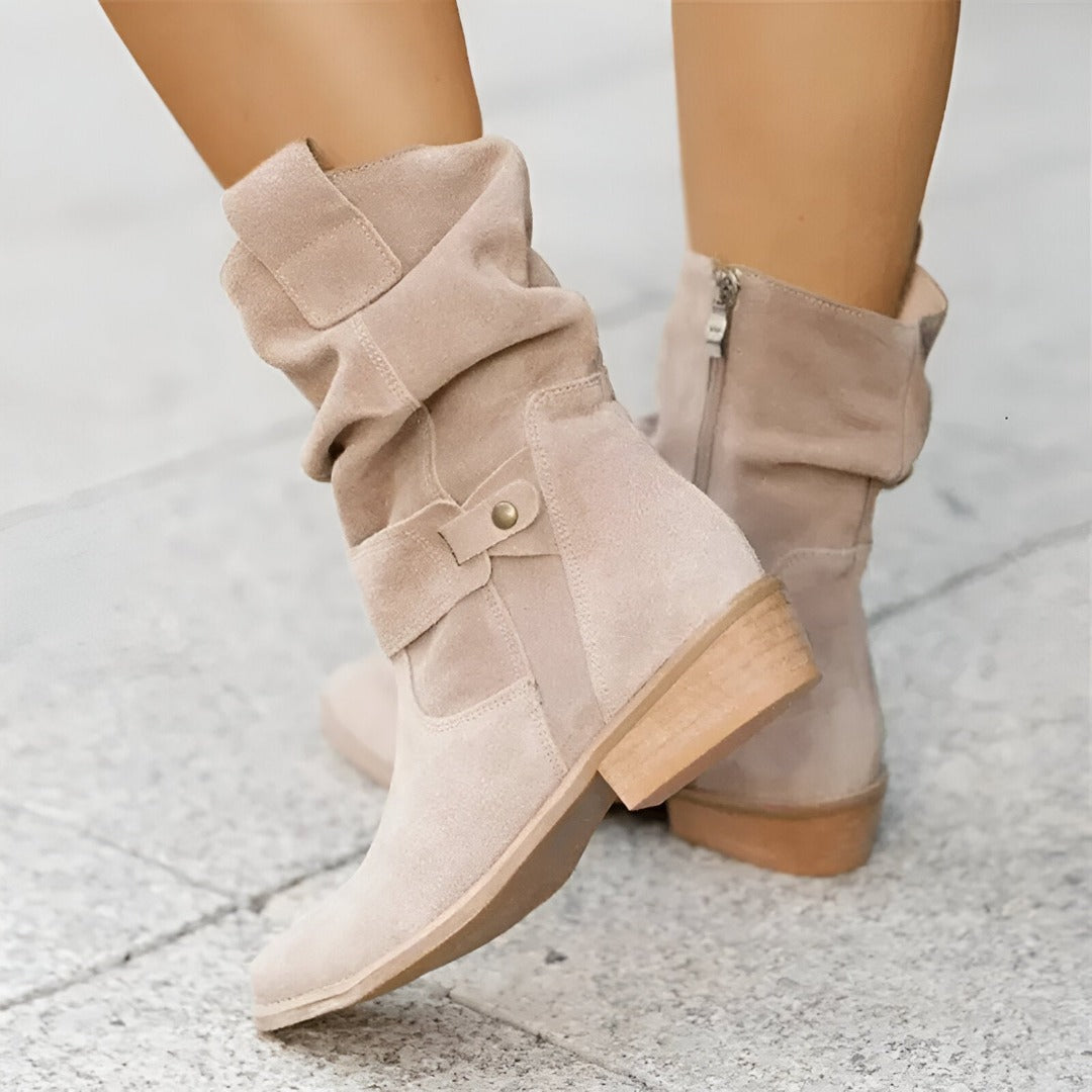 Mia | Damen Wildleder Stiefel Flacher Absatz Schlupfstiefel Herbst