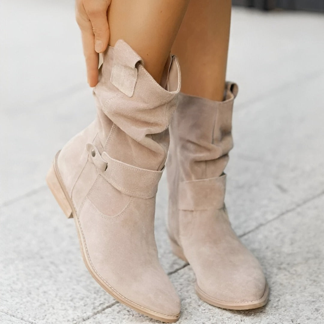 Mia | Damen Wildleder Stiefel Flacher Absatz Schlupfstiefel Herbst