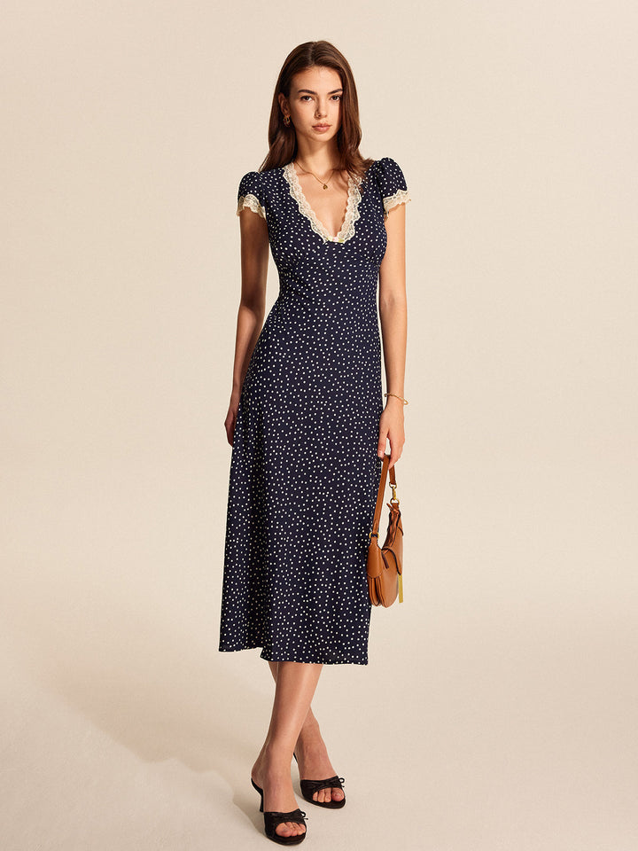 Amelie | Damen Midikleid Punkte mit Spitzenbesatz, tiefer V-Ausschnitt