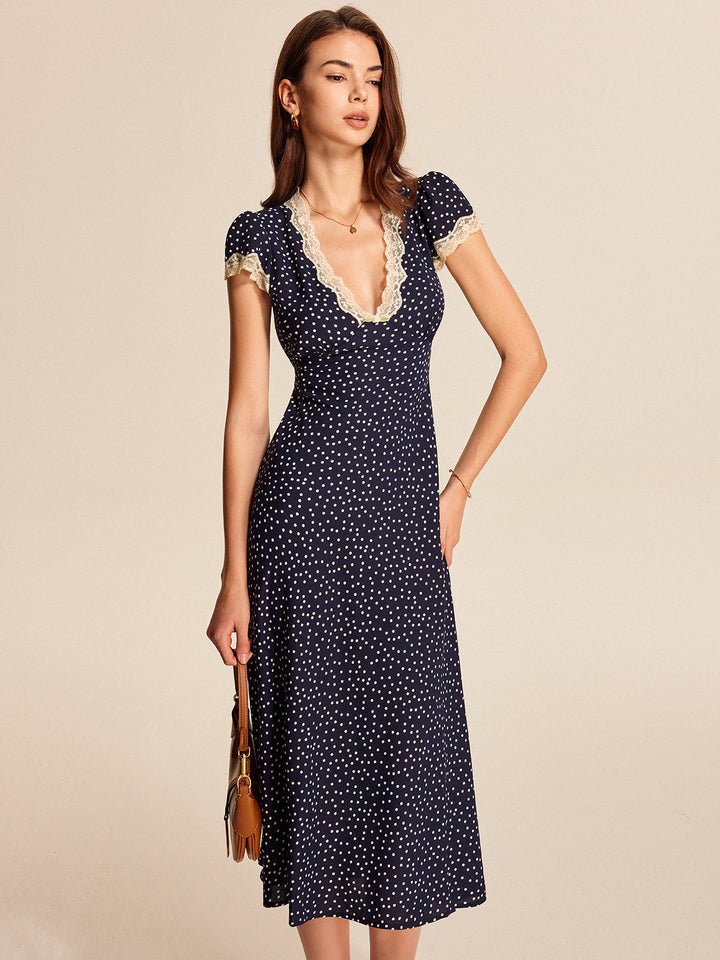 Amelie | Damen Midikleid Punkte mit Spitzenbesatz, tiefer V-Ausschnitt