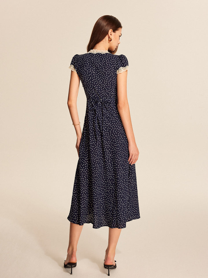 Amelie | Damen Midikleid Punkte mit Spitzenbesatz, tiefer V-Ausschnitt