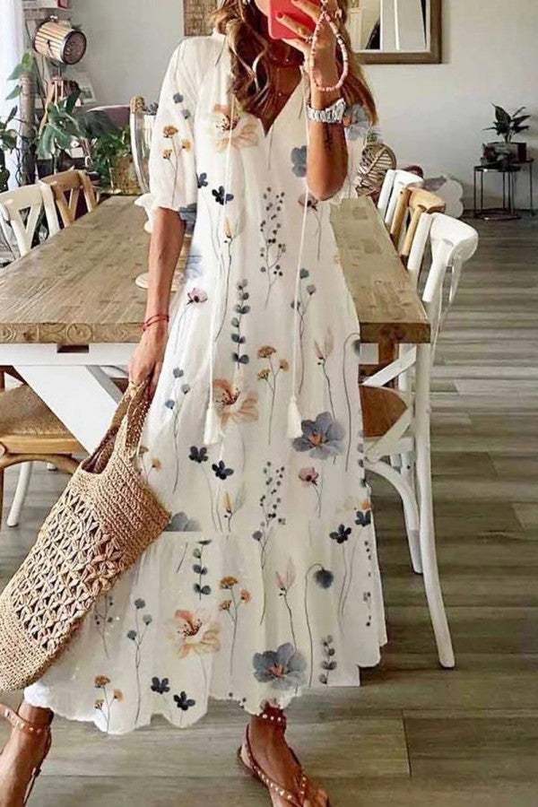 Sunny | Damen Boho Maxikleid V-Ausschnitt Blumenmuster