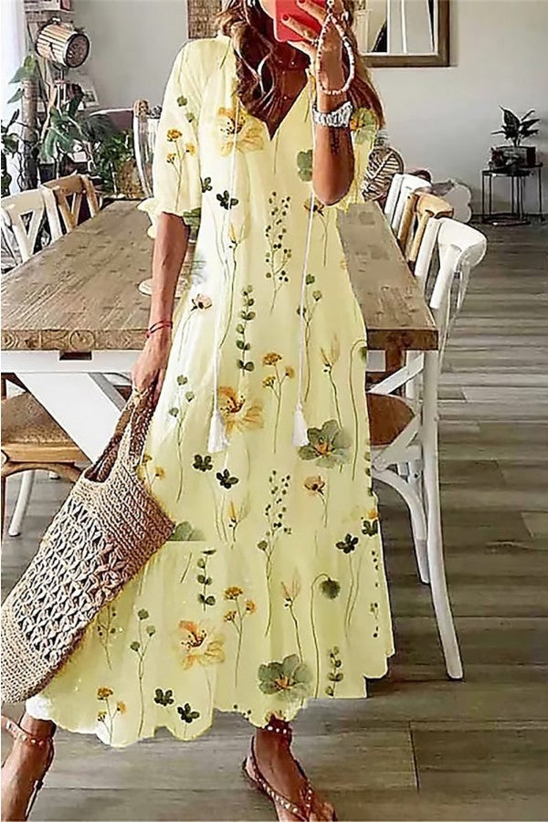 Sunny | Damen Boho Maxikleid V-Ausschnitt Blumenmuster