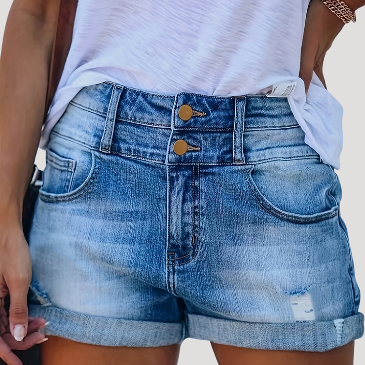 Rafaela | Damen High-Waist Shorts mit Knopfverschluss - Light Blue - Image 3