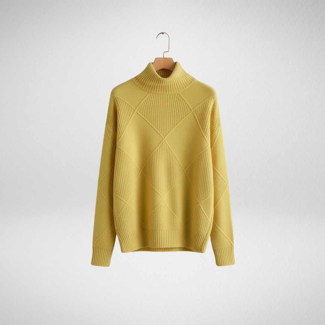 Ragna | Damen Strickpullover Rautenmuster Rollkragen - Yellow - Image 1