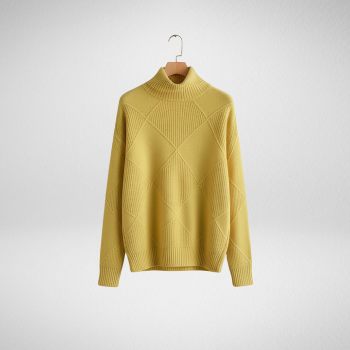 Ragna | Damen Strickpullover Rautenmuster Rollkragen - Yellow - Image 1