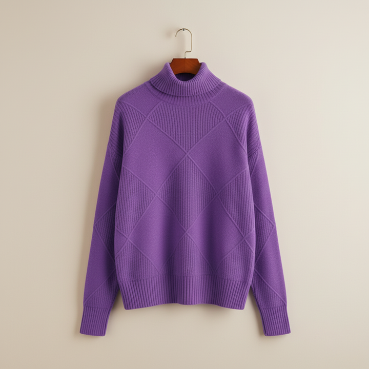 Ragna | Damen Strickpullover Rautenmuster Rollkragen - Yellow - Image 12