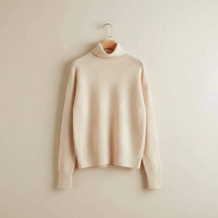 Ragna | Damen Strickpullover Rautenmuster Rollkragen - Yellow - Image 14