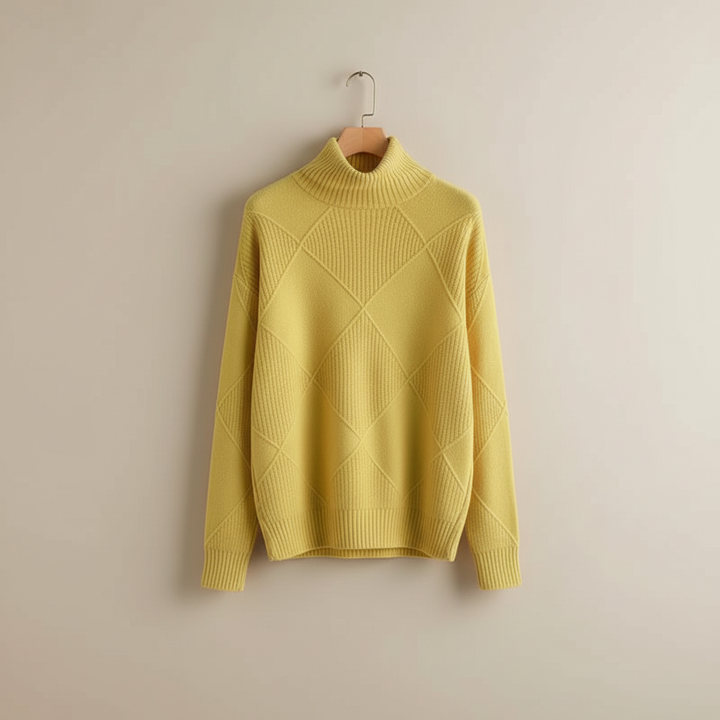 Ragna | Damen Strickpullover Rautenmuster Rollkragen - Yellow - Image 2