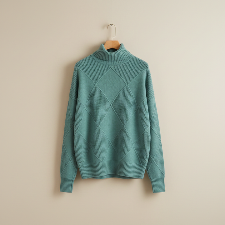 Ragna | Damen Strickpullover Rautenmuster Rollkragen - Yellow - Image 4
