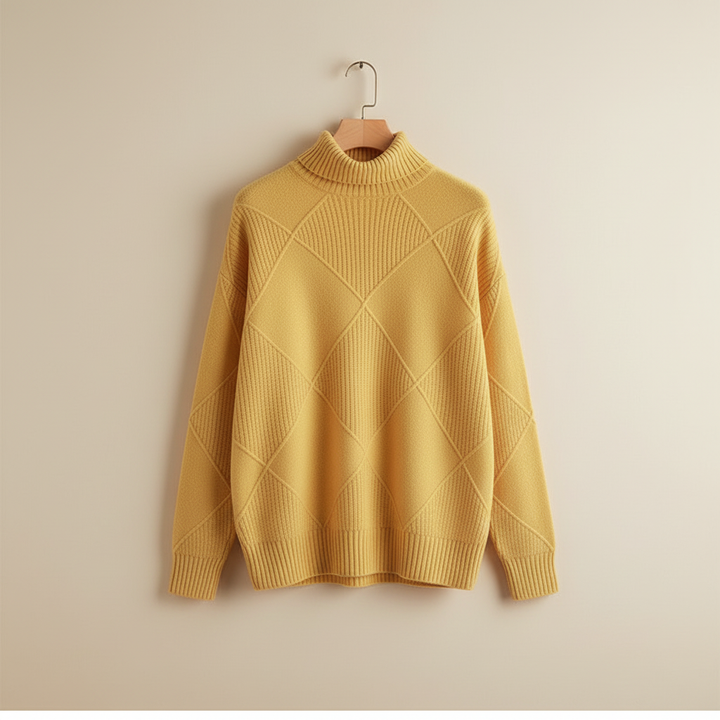Ragna | Damen Strickpullover Rautenmuster Rollkragen - Yellow - Image 7