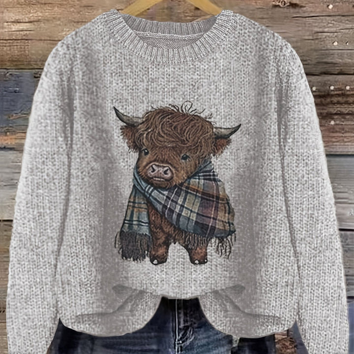 Ragneda | Damen Strickpullover Highland-Kuh Motiv - Sage - Image 12