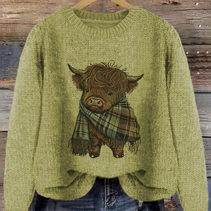 Ragneda | Damen Strickpullover Highland-Kuh Motiv - Sage - Image 14