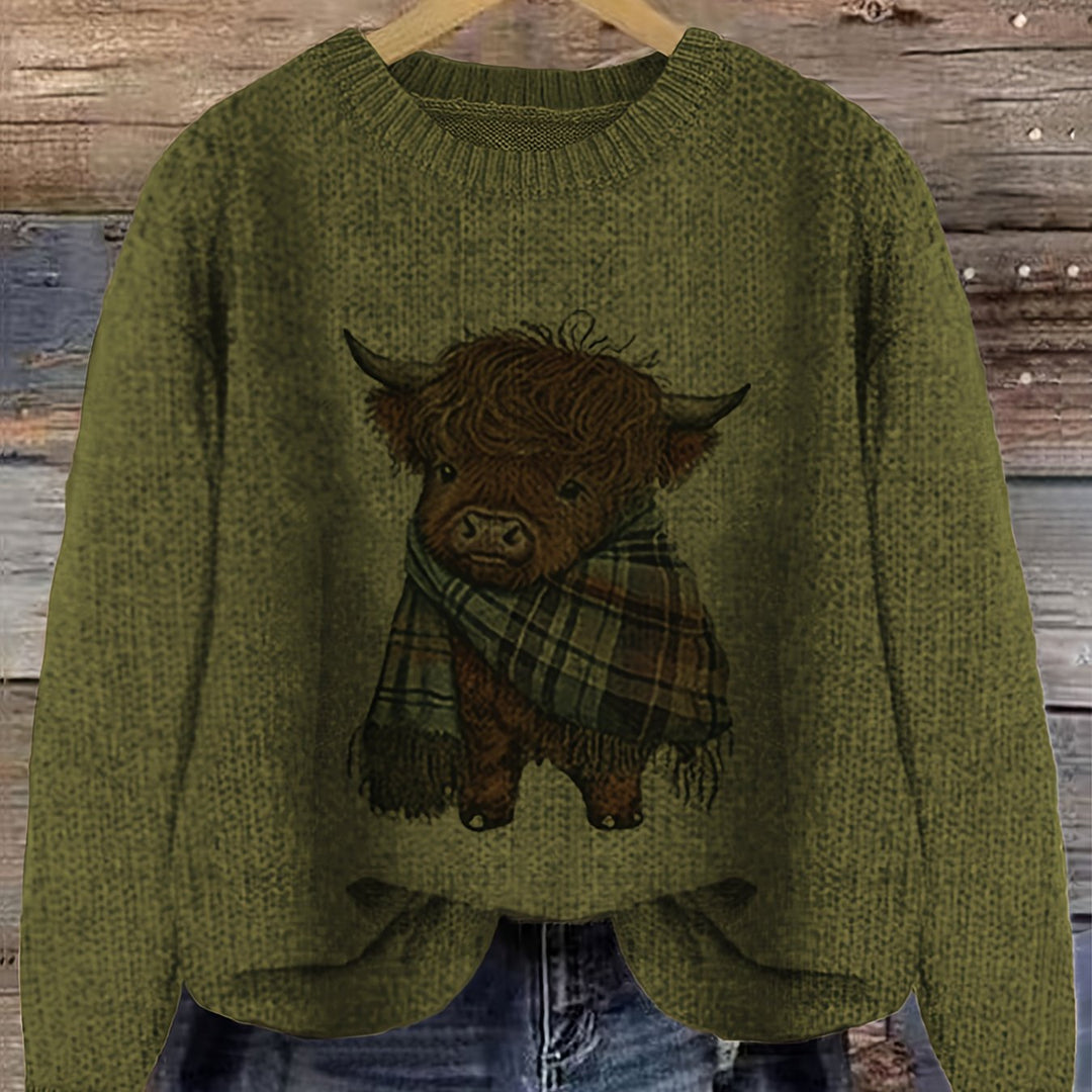 Ragneda | Damen Strickpullover Highland-Kuh Motiv - Sage - Image 17