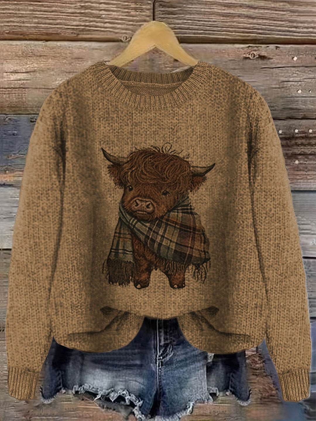 Ragneda | Damen Strickpullover Highland-Kuh Motiv - Sage - Image 9