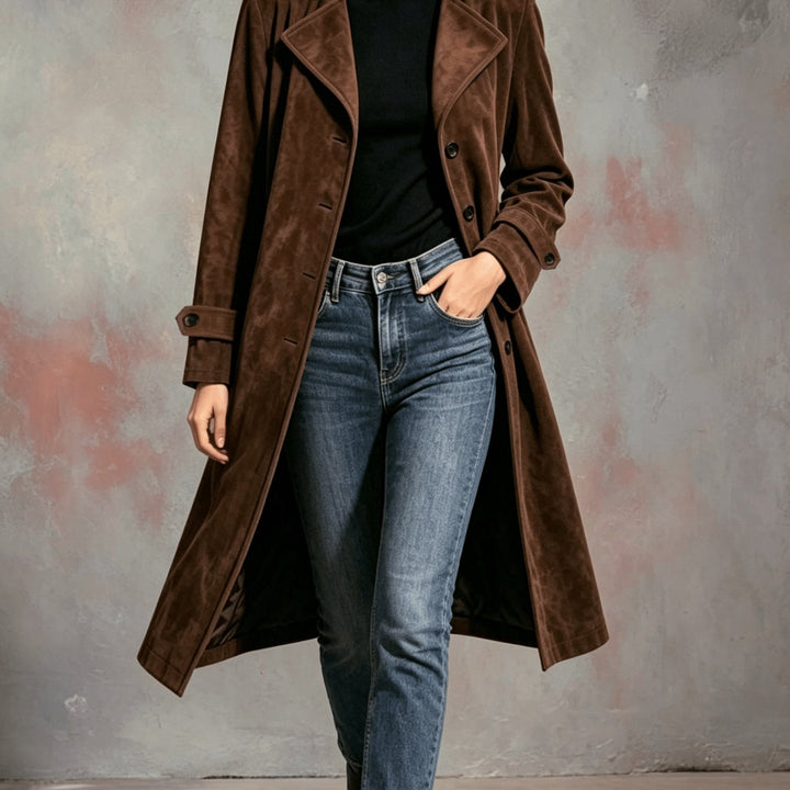 Ragnhild | Damen Langmantel in Wildleder-Optik - Brown - Image 1