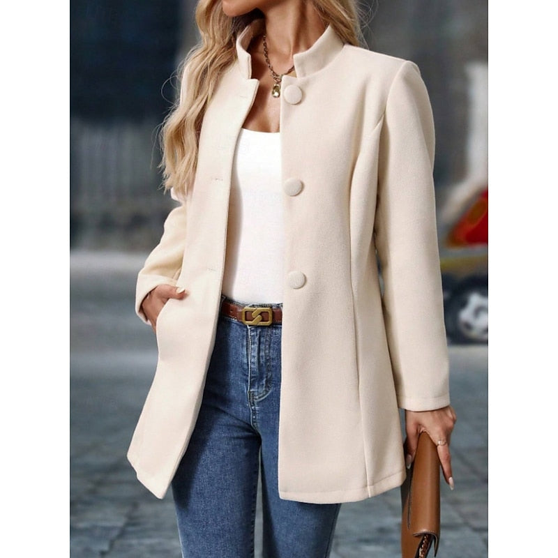Ragnhild | Damen Stehkragen Mantel Herbst Winter - Cream - Image 2