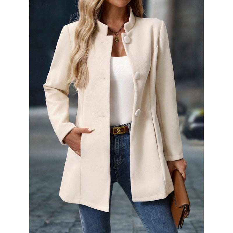 Ragnhild | Damen Stehkragen Mantel Herbst Winter - Cream - Image 5