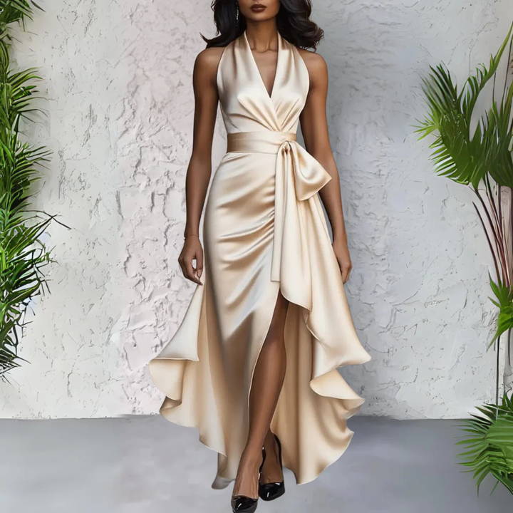 Raphaela | Damen Neckholder Wickel Abendkleid - Champagne - Image 1