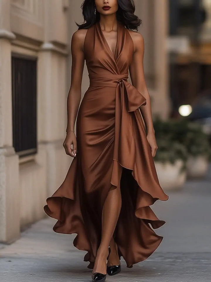 Raphaela | Damen Neckholder Wickel Abendkleid - Champagne - Image 10