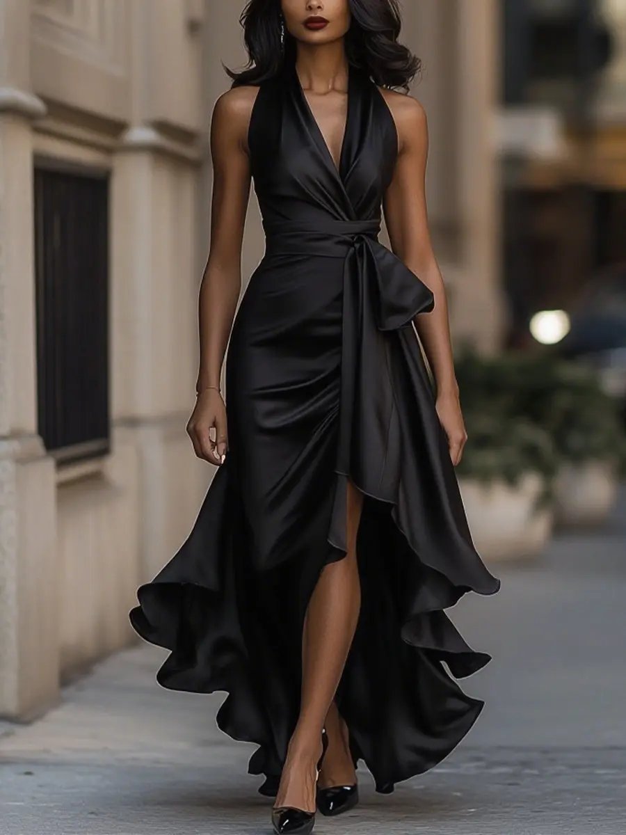 Raphaela | Damen Neckholder Wickel Abendkleid - Champagne - Image 11