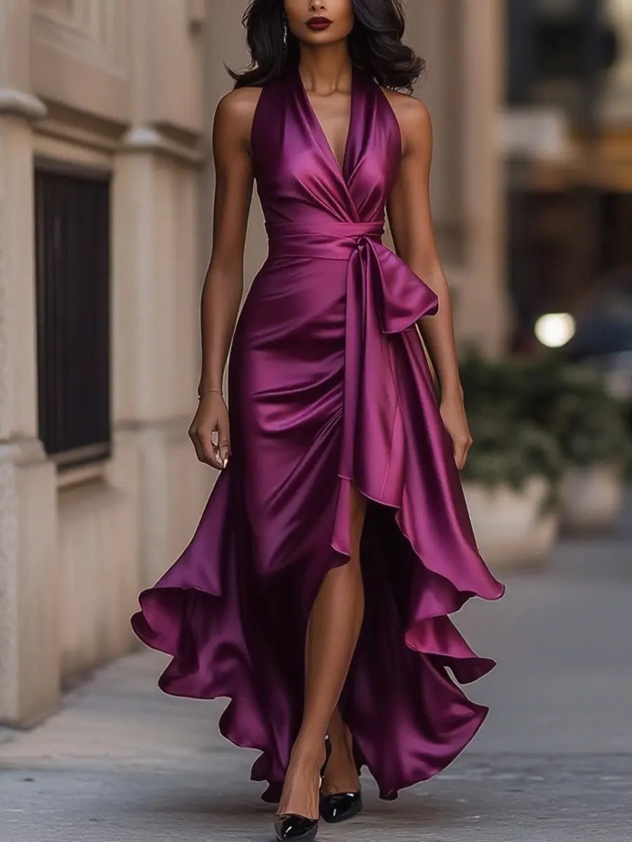 Raphaela | Damen Neckholder Wickel Abendkleid - Champagne - Image 12