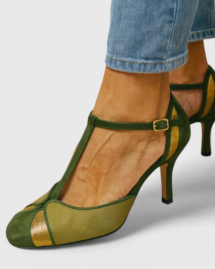 Raphaela | Damen T-Spangen High Heels in Grün - Green - Image 1
