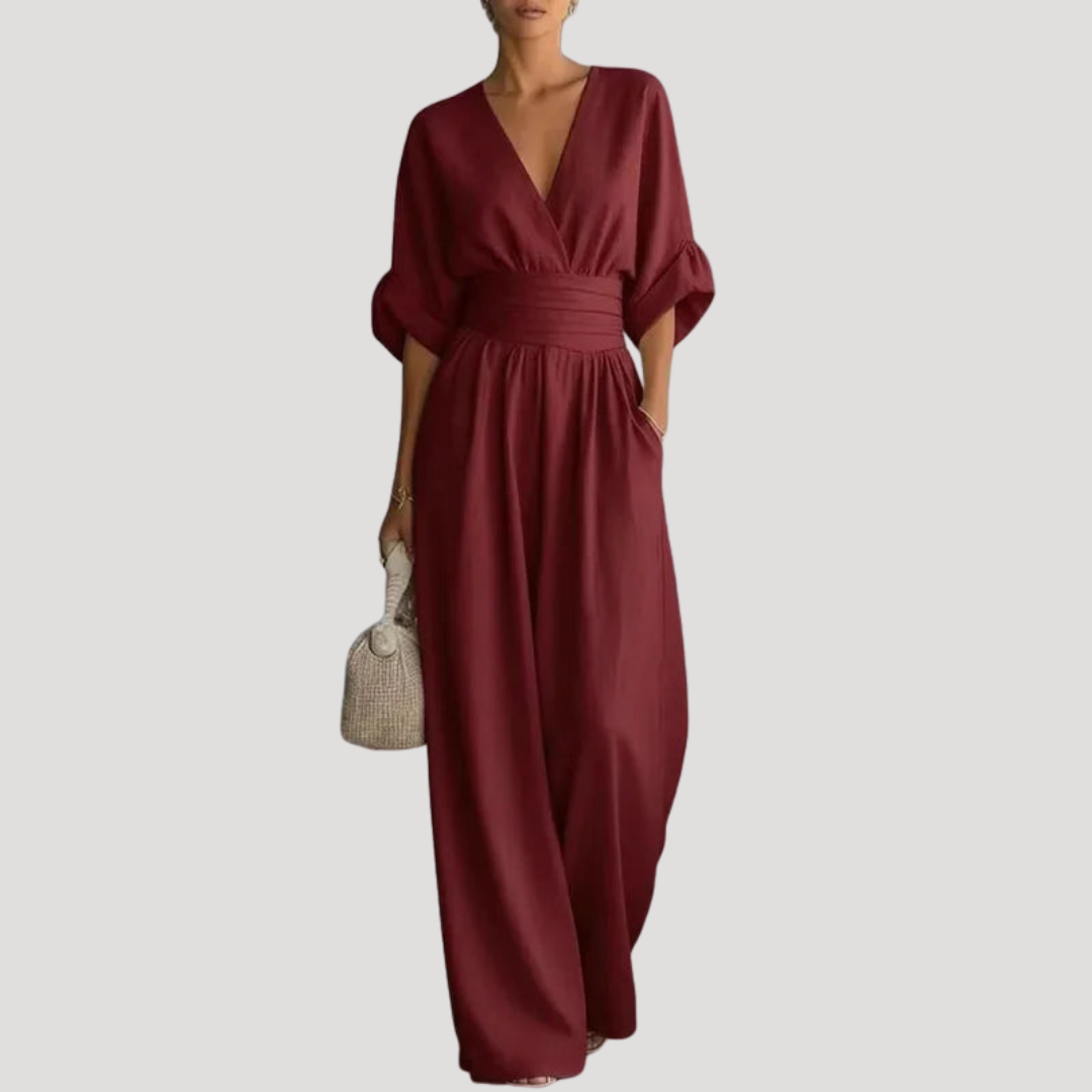Reena | Damen Jumpsuit Weites Bein V-Ausschnitt Overall - Burgundy - Image 1