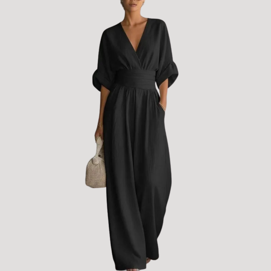 Reena | Damen Jumpsuit Weites Bein V-Ausschnitt Overall - Burgundy - Image 2