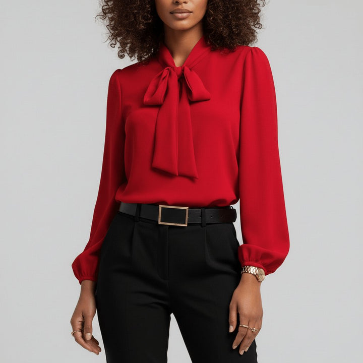 Renata | Damen Schluppenbluse Langarm mit Schleife - Red - Image 1