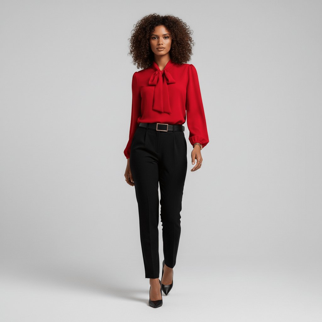 Renata | Damen Schluppenbluse Langarm mit Schleife - Red - Image 2