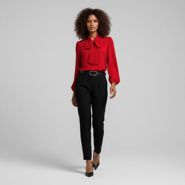 Renata | Damen Schluppenbluse Langarm mit Schleife - Red - Image 2