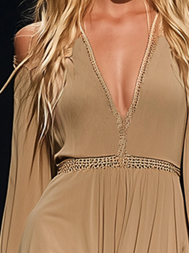Rhiannon | Damen Schulterfreies Langarm Mini Kleid - Beige - Image 4