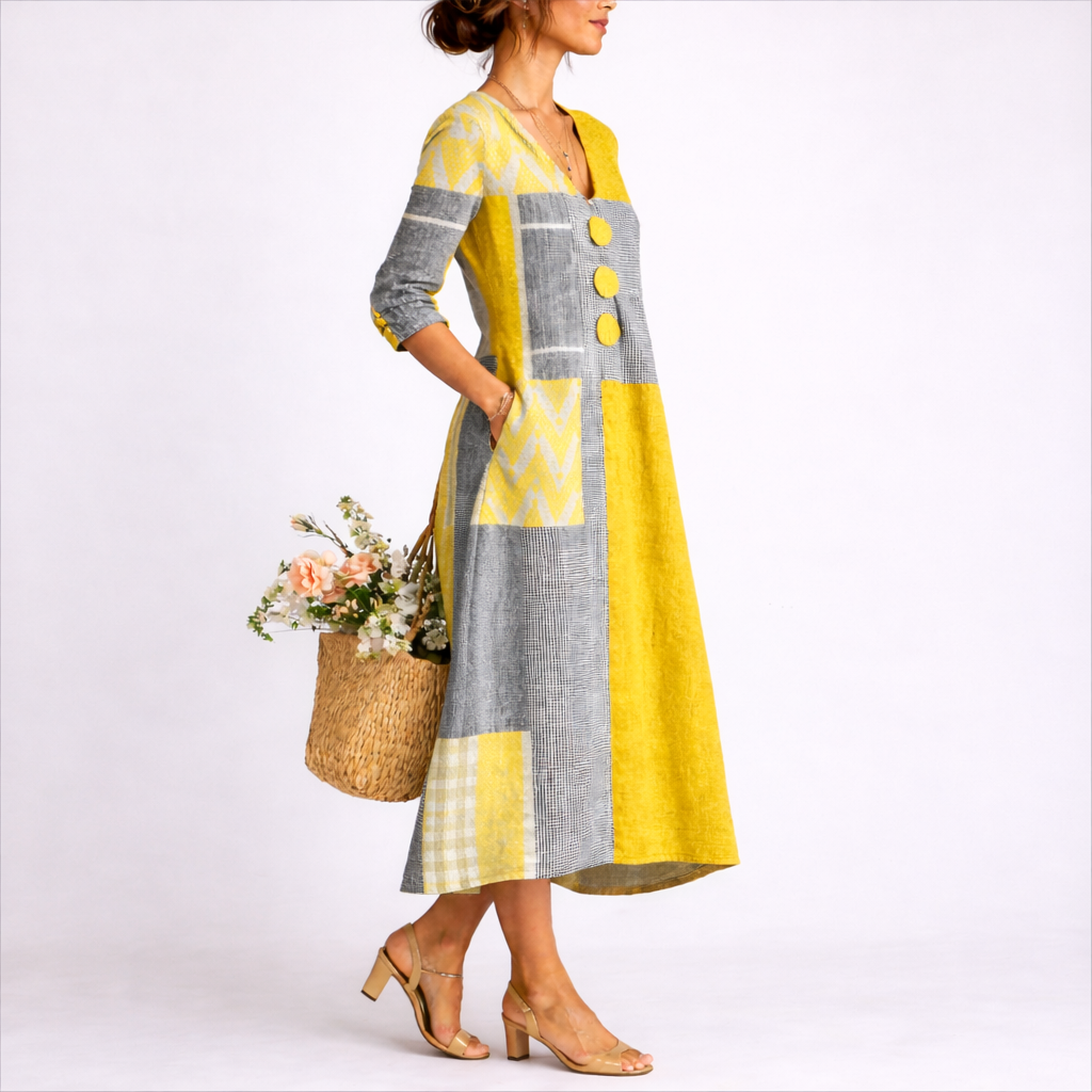 Rianne | Damen Patchwork V-Ausschnitt Midi Kleid - Image 2