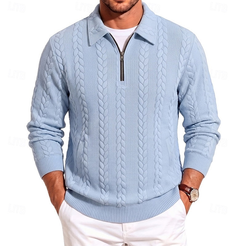 Rolvand | Herren Strickpullover Zopfmuster Reißverschluss - Light Blue - Image 1
