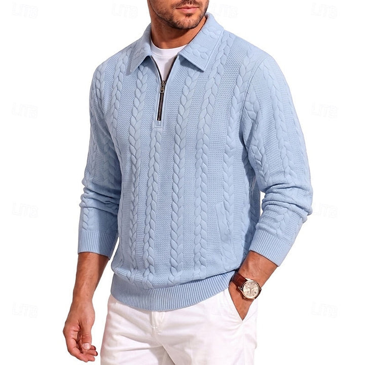 Rolvand | Herren Strickpullover Zopfmuster Reißverschluss - Light Blue - Image 3