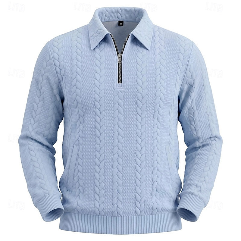 Rolvand | Herren Strickpullover Zopfmuster Reißverschluss - Light Blue - Image 5