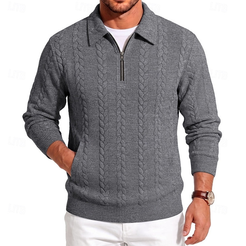 Rolvand | Herren Strickpullover Zopfmuster Reißverschluss - Light Blue - Image 7