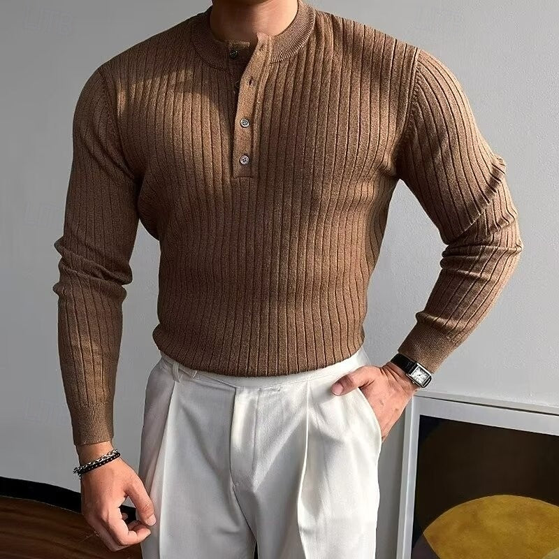 Rolvek | Herren Gerippter Henley Strickpullover - Camel - Image 1
