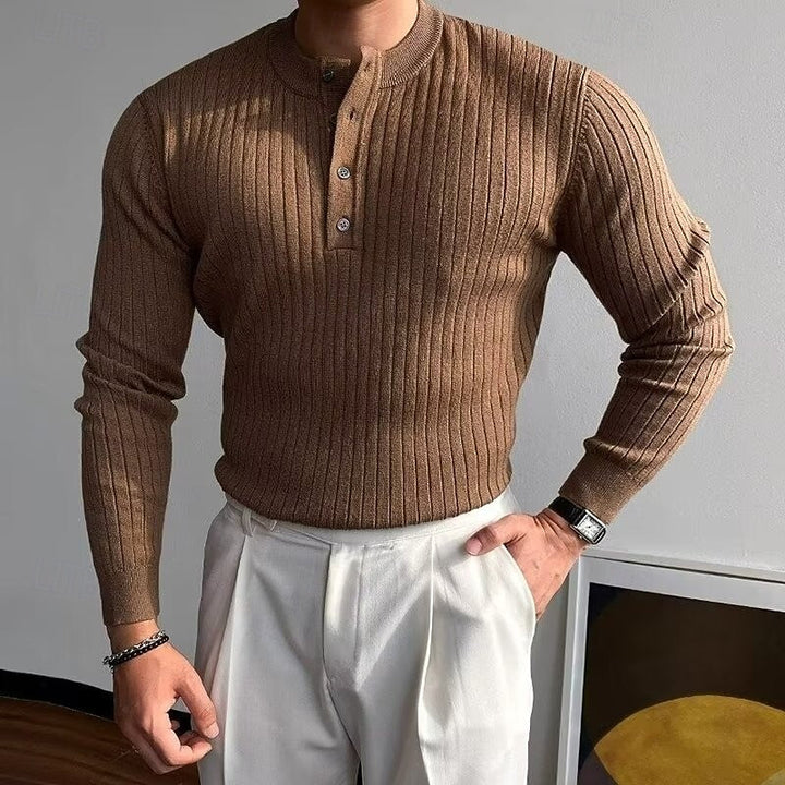 Rolvek | Herren Gerippter Henley Strickpullover - Camel - Image 1
