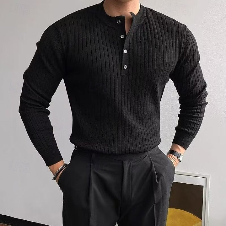 Rolvek | Herren Gerippter Henley Strickpullover - Camel - Image 2