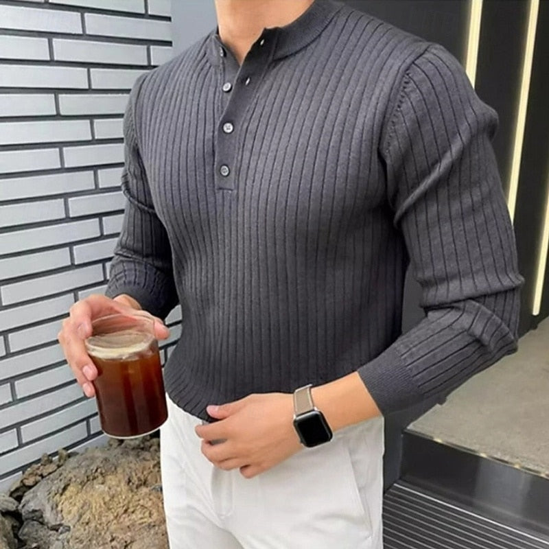 Rolvek | Herren Gerippter Henley Strickpullover - Camel - Image 3