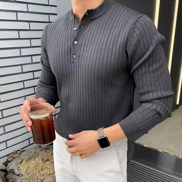 Rolvek | Herren Gerippter Henley Strickpullover - Camel - Image 3